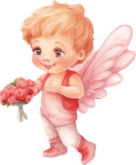 Valentine's Day illustration, Cupid, cute children's drawing, watercolor style on white background.