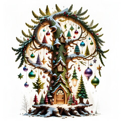 Beautiful Christmas Tree House with Baubles on White Background