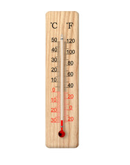 Wooden celsius and fahrenheit scale thermometer isolated on transparent background. Ambient temperature minus 28 degrees - obrazy, fototapety, plakaty
