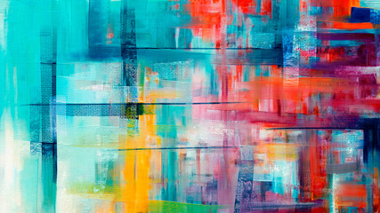Azure painting on canvas, with accents of red and yellow, hand-drawn artwork in a modern style. Contemporary art in oil paint strokes and coarse brush strokes for large wall