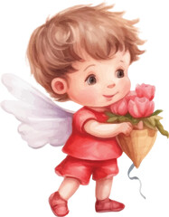 Valentine's Day illustration, Cupid, cute children's drawing, watercolor style on white background.