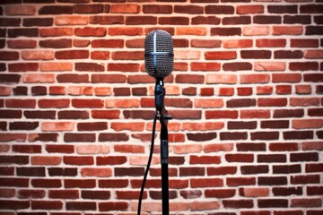 stand-up comedy microphone with a detailed brick wall behind - obrazy, fototapety, plakaty