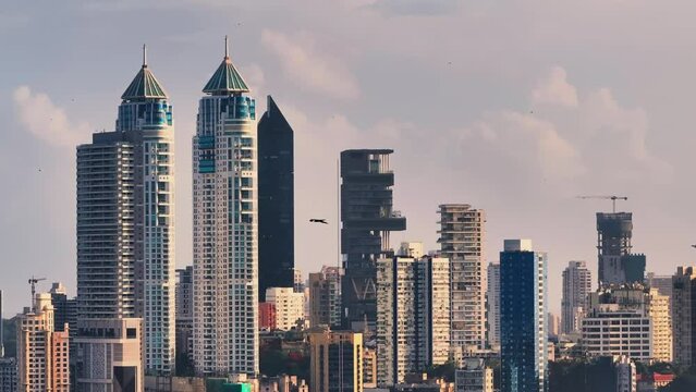 Aerial vieArial view of Mumbai Skyline, high-rise buildings at South Mumbai, Maharashtra India. Cinematic close-up shot of Indian cityscape. Most Posh Arew of south Mumbai City. Twin tower and antilia