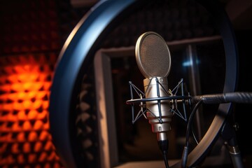 a microphone with a pop filter in a recording studio