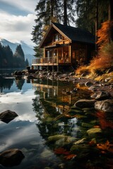  Cabin house on a serene lake, reflecting the beauty of the surroundings, Generative AI