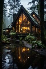 Cabin house surrounded by a peaceful forest, Generative AI