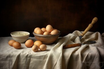 Potatoes, eggs, table, cloth, towel, wooden spoon. Generative AI