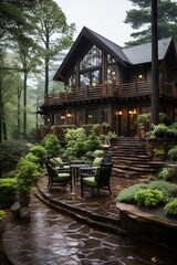 Fototapeta premium Cabin house with a large wrap-around porch and rocking chairs, Generative AI
