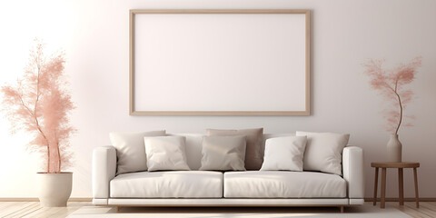 Living room interior wall mock up with white sofa pillows and beautiful flower on both side, Sofa And Empty Frame Showcased In A 3d Rendered Living Room Background