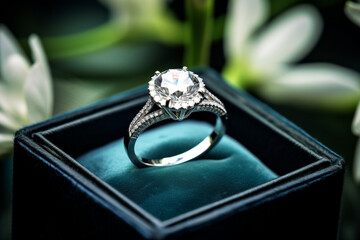 Close up of a stunning engagement ring in a box