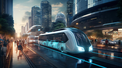 Futuristic City Advanced Transportation Realistic Illustration. Smart city and advanced transportation systems such as autonomous vehicles, hyperloops. - obrazy, fototapety, plakaty