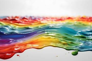 abstract art, dynamic motion and energy of vibrant splash of rainbow-colored liquid against a white background