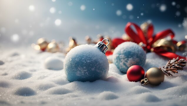 A photo of Christmas ornaments, including gold, blue, and silver baubles, beautifully arranged on a snowy background, adorned with a red ribbon and pine cones