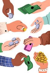 Money in hands set. Giving, exchanging, holding cash, paper bills, banknotes, coins. Paying, donating finance. Financial concept. Flat graphic vector illustrations isolated on white background