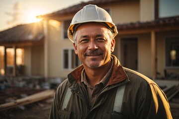 Happy master foreman in uniform and helmet watches, controls the construction of the house during autumn sunset with a sun flares in the background. Generative Ai.