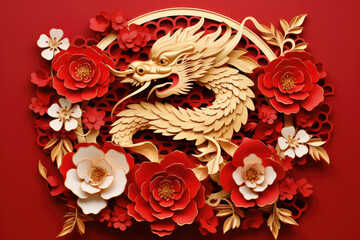 Happy chinese new year 2024 , the dragon zodiac and flower with gold style on color background