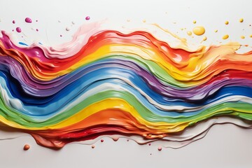 A vibrant, abstract art piece featuring a dynamic wave of rainbow-colored paint splashing across a stark white background