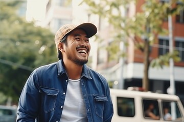 Portrait of a smiling asian man in a cap standing outdoors - obrazy, fototapety, plakaty