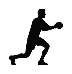 Black silhouette of a training handball player rising with a ball in his hands
