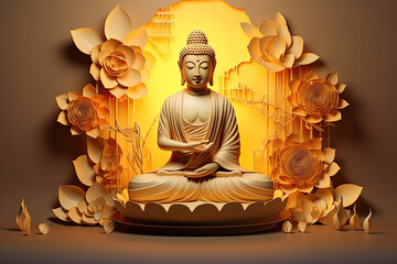Paper cut style, the glowing 3d buddha and flower with gold style on abstract background