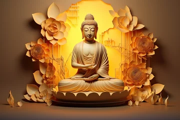 Gartenposter Paper cut style, the glowing 3d buddha and flower with gold style on abstract background © Kien