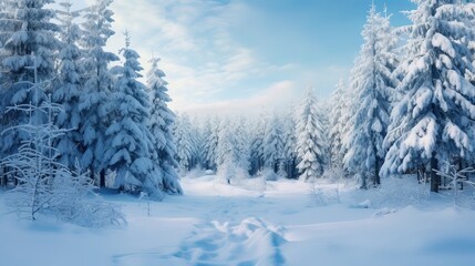 Snow-clad evergreen trees in a serene winter woodland. Winter wonderland, tranquil forest scene, snowy conifers, peaceful snowy forest, natural serenity. Generated by AI.