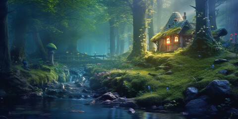 A small fairy tale house in dark fantasy forest, miniature woodland cottage made by gnomes and trolls - obrazy, fototapety, plakaty