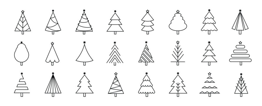 Set of trees linear vector icon. Geometric tree shape, plants, pine, nature and ecology related vector symbol hand drawn contour collection. Line art illustration design for logo, sticker, christmas.
