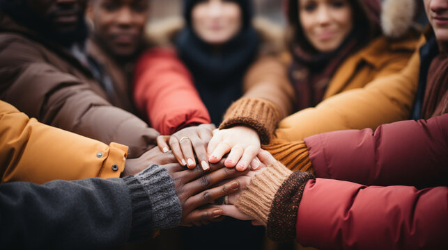 Hands of different races and genders reaching towards each other in unity