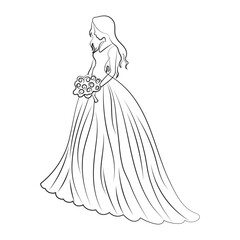 Bride in a wedding dress with a bouquet of flowers on a white background. Line art, sketch, contour drawing, vector
