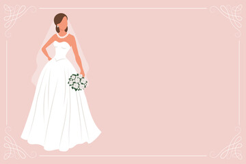 Bride in a white wedding dress with a bouquet of flowers. Luxury wedding banner template for invitation. Illustration, vector