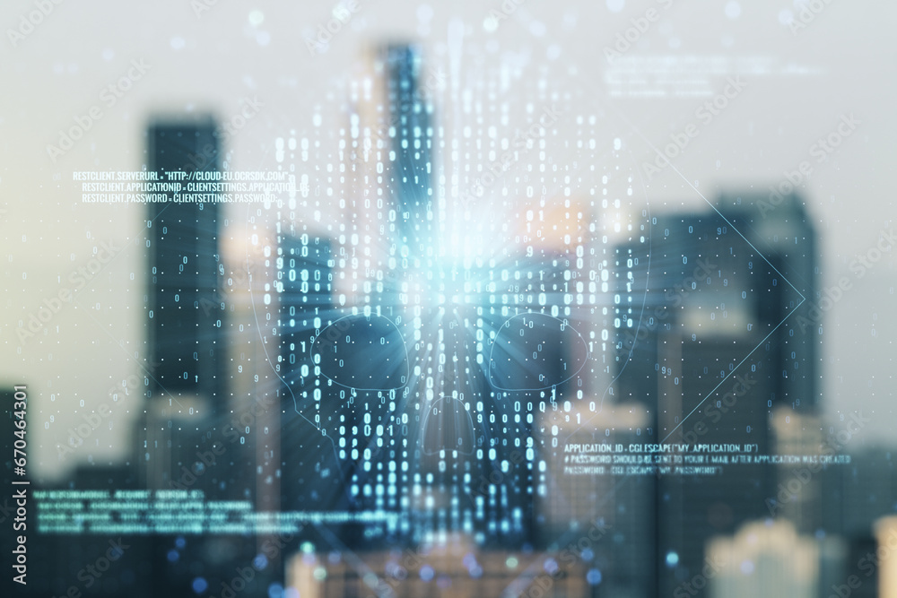 Poster abstract virtual code skull illustration on blurry skyline background. hacking and phishing concept.