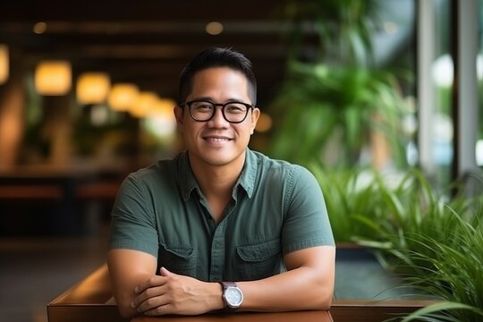 Portrait of a handsome Asian man smiling at the camera in a coffee shop