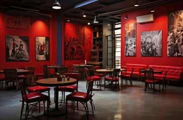 Cafe shop design Minimal,Counter red brick gloss paint,Red brick wall,Sofa red fabric,Stool red fabric,Coffee wooden table, Granite stone floorr