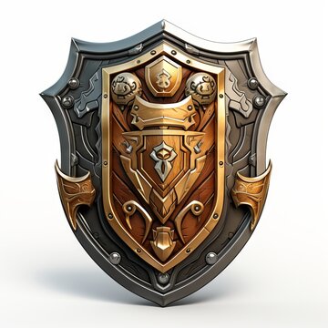 3D shield with a fantasy theme, including magical runes and symbols, isolated on white background