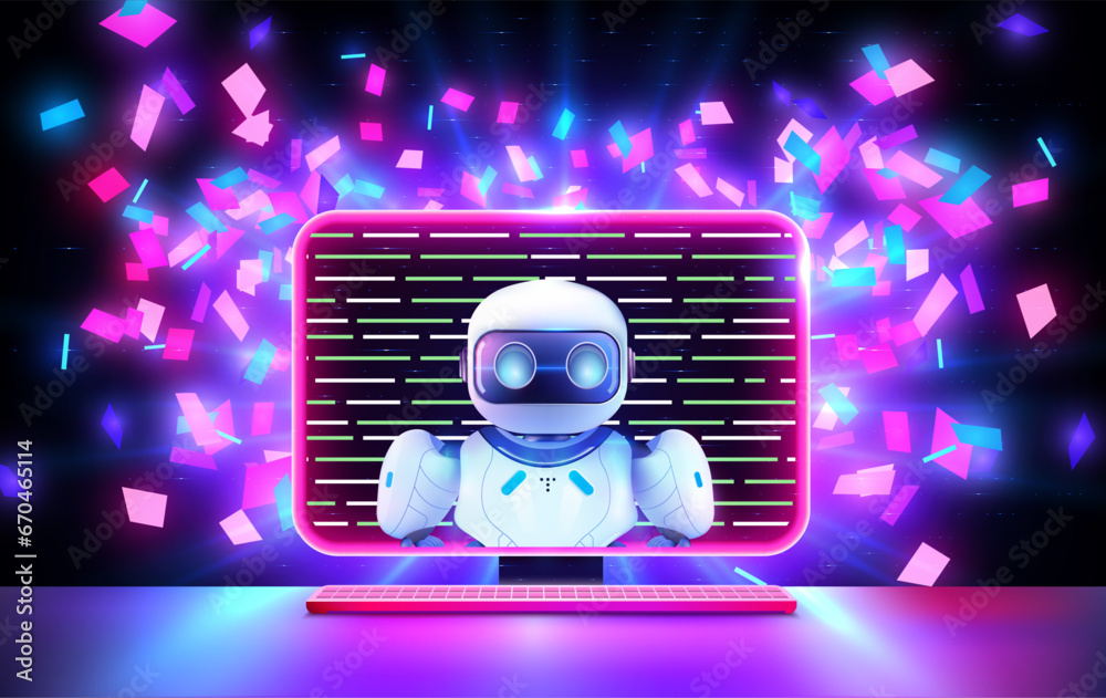 Fototapete digital assistant robot emerging from computer screen amidst vibrant holographic fragments in neon s