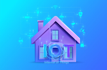 Modern Smart Home Illustration with Internet of Things (IoT) Connectivity and Devices on Vibrant Blue Background. System intelligent control house on blue background. Vector illustration