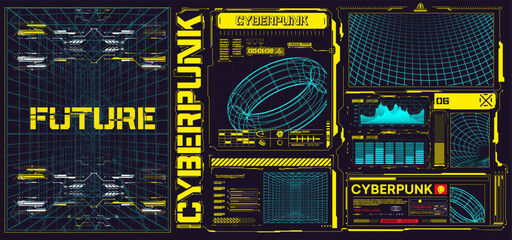 Cyberpunk Futuristic Interface: Digital HUD, Graphical User Panels, and Abstract Technological Elements for Sci-Fi Design. Cyberpunk retro futuristic poster set abstract cosmic shapes. Vector - obrazy, fototapety, plakaty