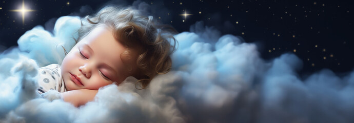 Little child sleeping peacefully on a cloud in heaven. Sleep and relaxation concept.
