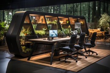  Collaborative office cabin with a communal worktable and shared space, Generative AI