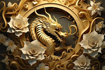 Happy chinese new year 2024 , the dragon zodiac and flower with gold style on color background