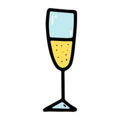 Doodle vector Glass for prosecco, champagne. Celebratory drink isolated on white background. Wineglass for the festive decoration, New Year, Christmas holiday, Birthday, Valentines Day illustration