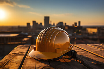 A construction worker safety helmet or hardhat is placed on rooftop of the tower with background of city during orange sunlight shade. Industrial working PPE, safety in workplace scene. - obrazy, fototapety, plakaty