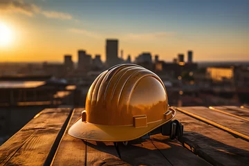 Fotobehang A construction worker safety helmet or hardhat is placed on rooftop of the tower with background of city during orange sunlight shade. Industrial working PPE, safety in workplace scene. © Nattawit