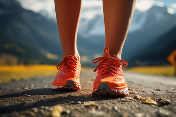 Close-up at the trail runner's feet during running on dirt terrain route with beautiful hill range with orange sunlight shade as background. Extreme sport activity scene.
