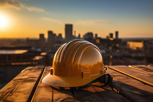 A construction worker safety helmet or hardhat is placed on rooftop of the tower with background of city during orange sunlight shade. Industrial working PPE, safety in workplace scene.