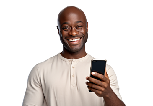 Smiling African American person using smartphone, wearing a white short sleeve T-shirt isolated on transparent background.