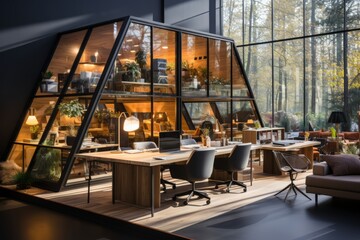  Collaborative office cabin with a communal worktable and shared space, Generative AI