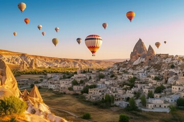 Balloons Cappadocia morning in turkey. Morning holiday at ancient summer hill. Generate Ai