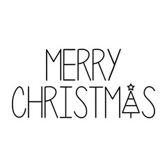 Logo con texto manuscrito Merry Christmas con árbol de navidad con estrella lineal en lugar de letra A para su uso en invitaciones y felicitaciones © teracreonte